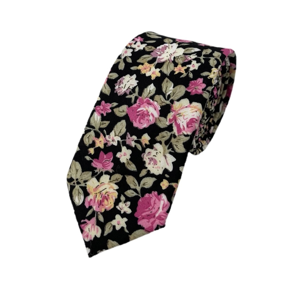 Men's Black & Pink Bohemian Floral Slim Necktie